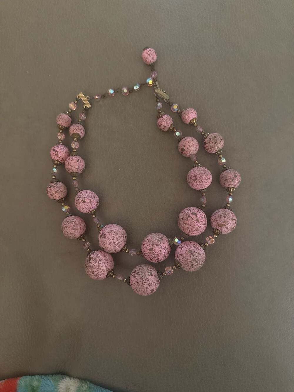 Vintage 1950s Pink Speckled Sugar Bead Double Strand Necklace with Aurora Boreal